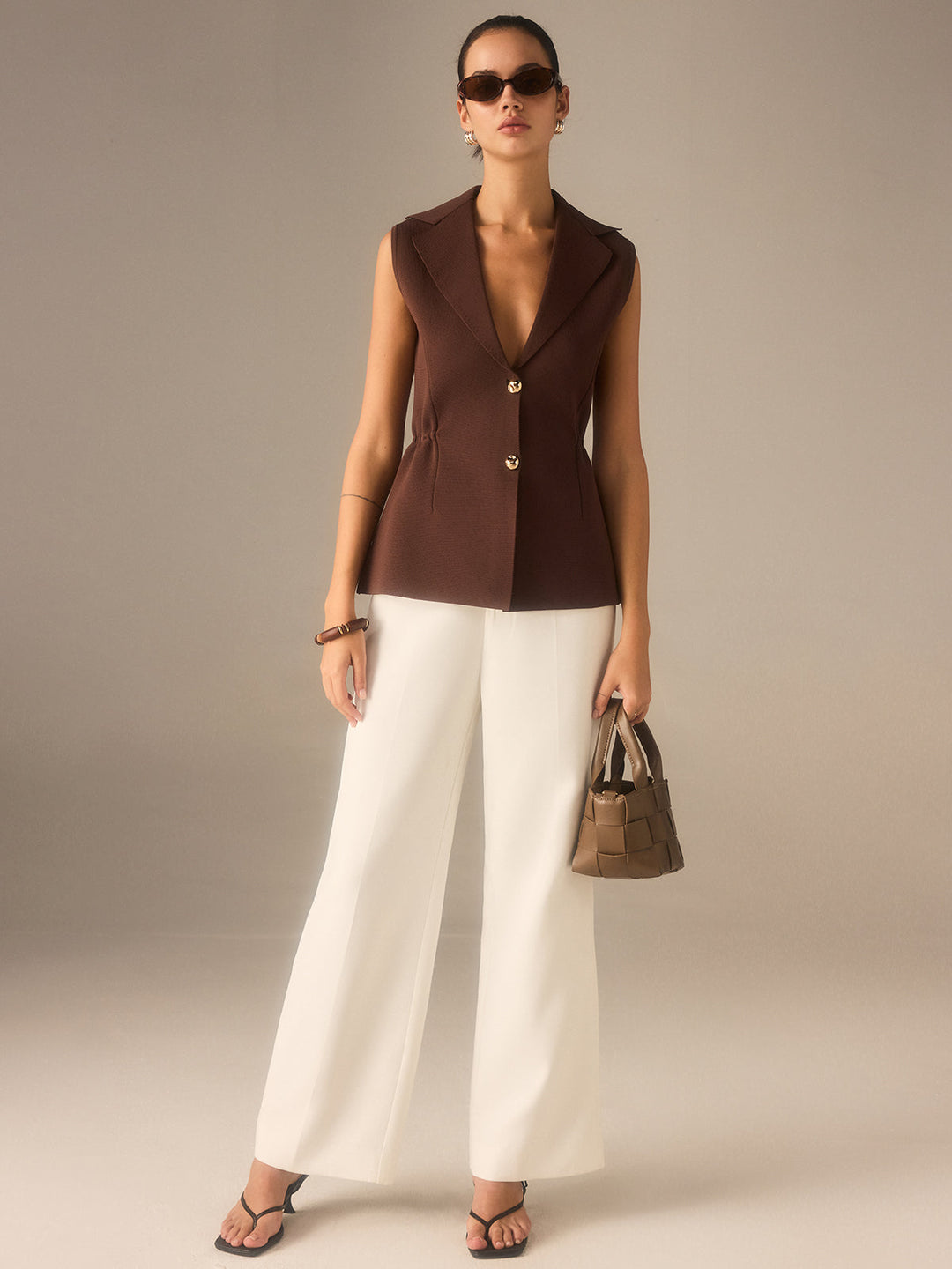 Blazer Tricoté Sans Manches à Boutons en Métal