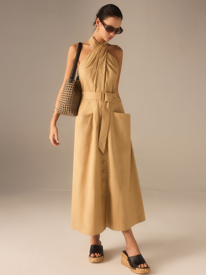 Robe Mi-longue plissée à col bénitier avec ceinture