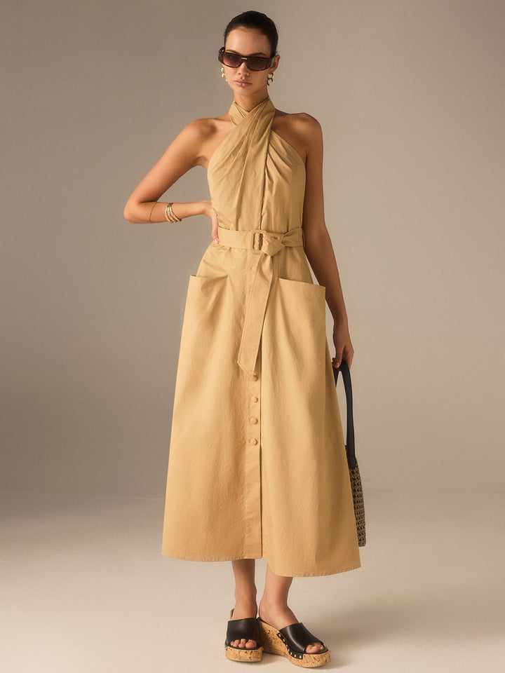 Robe Mi-longue plissée à col bénitier avec ceinture