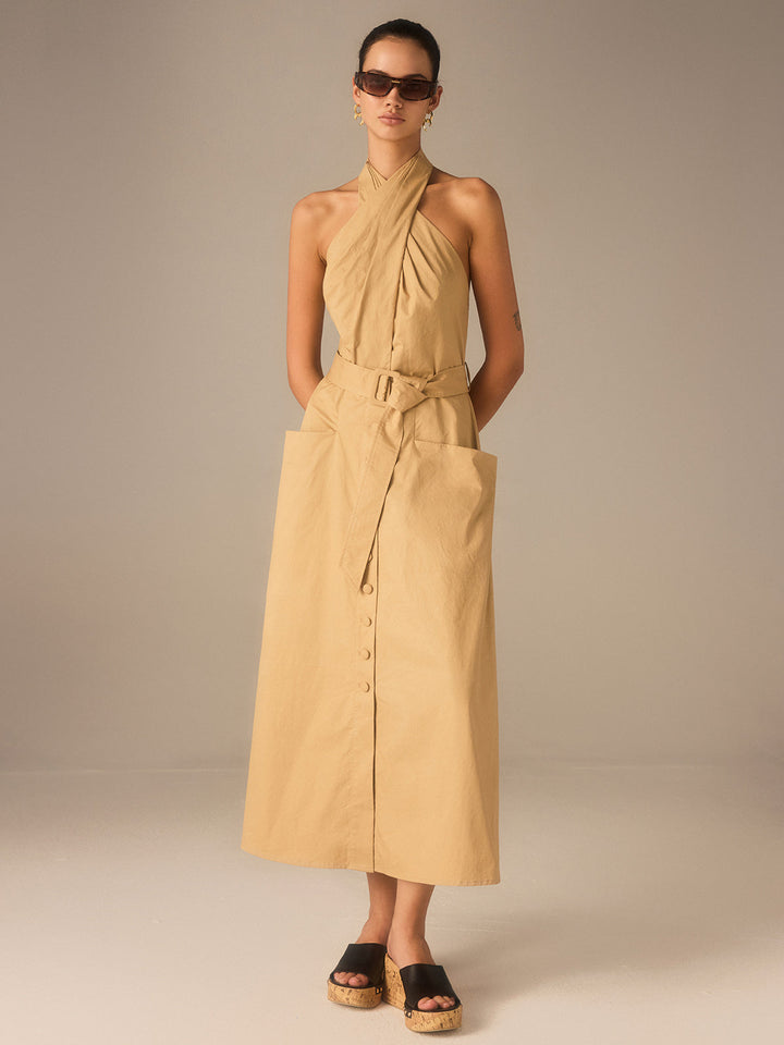 Robe Mi-longue plissée à col bénitier avec ceinture