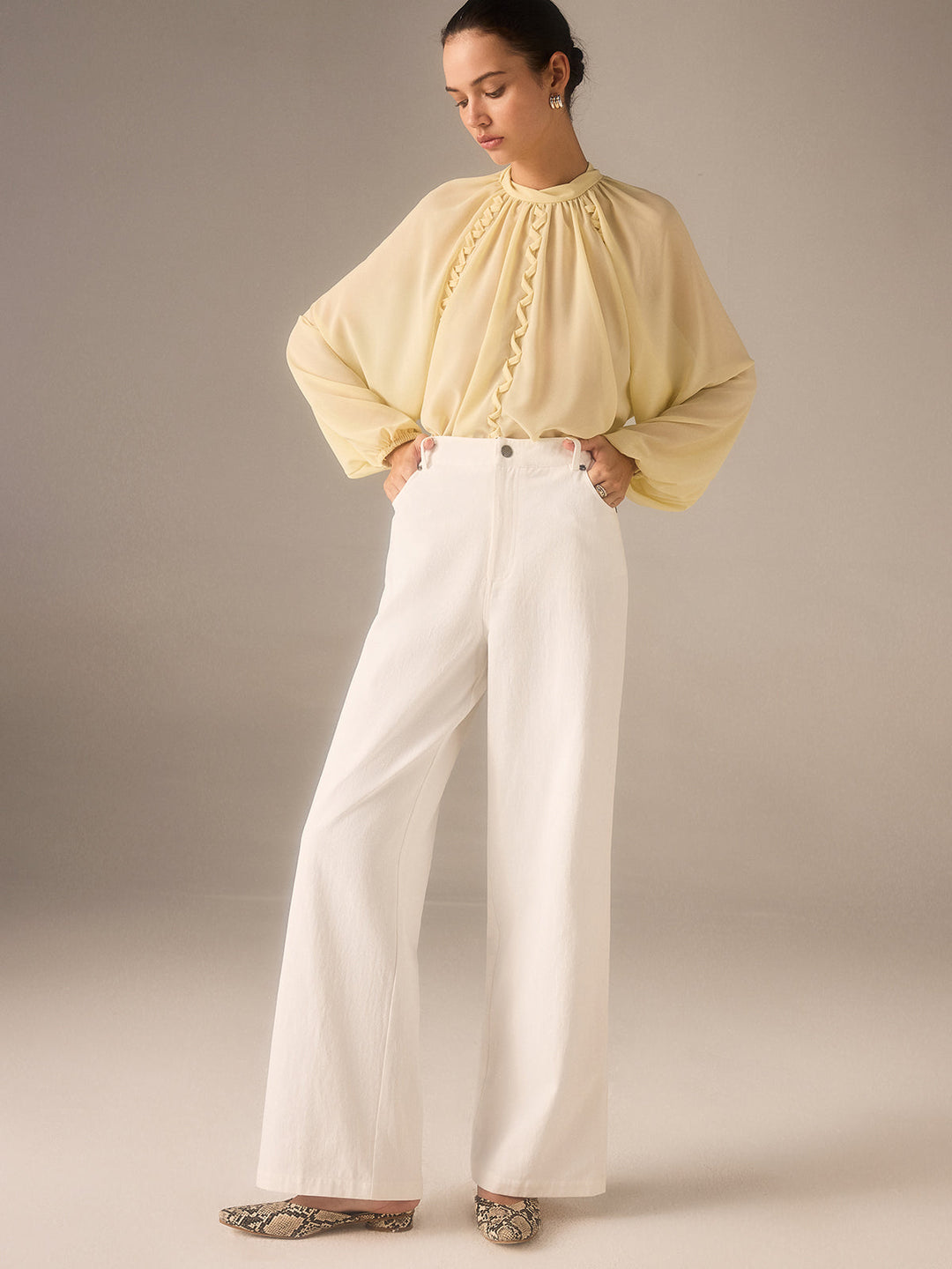 Pantalon Coupe Large en Sergé de Coton avec Bouton à Rivet Métallique