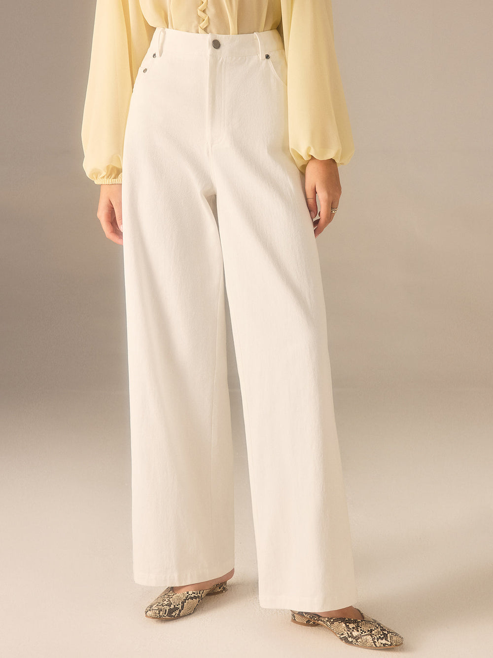 Pantalon Coupe Large en Sergé de Coton avec Bouton à Rivet Métallique