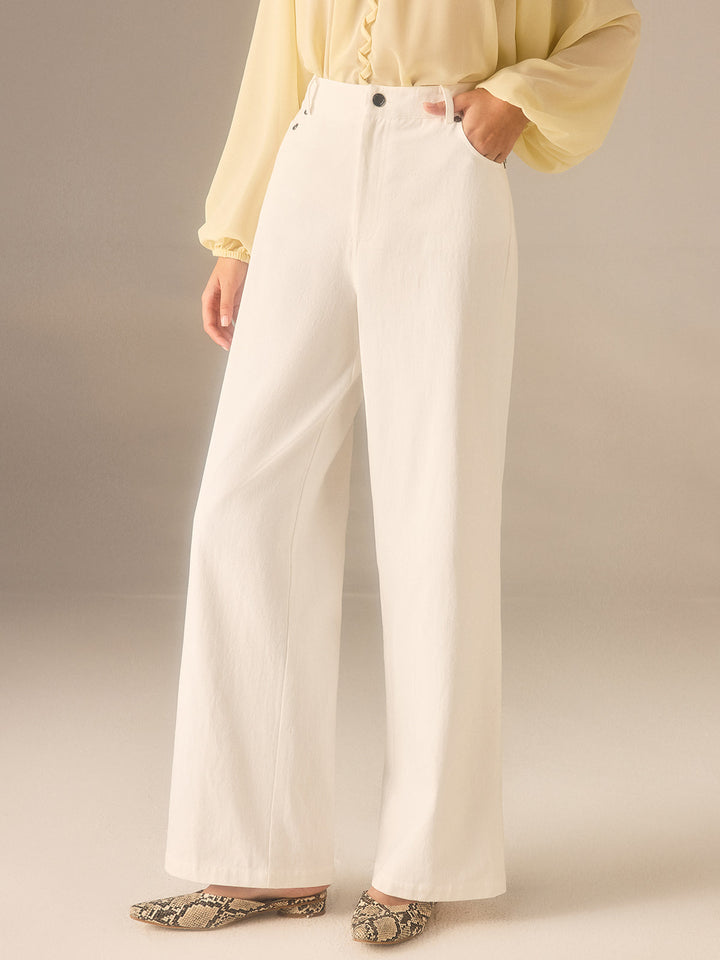 Pantalon Coupe Large en Sergé de Coton avec Bouton à Rivet Métallique
