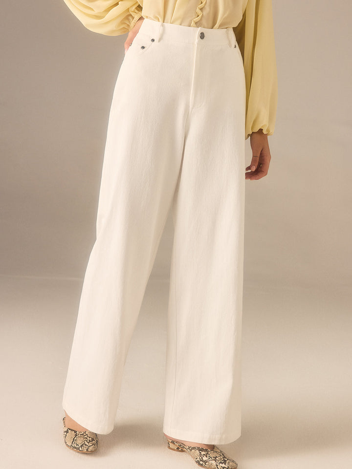 Pantalon Coupe Large en Sergé de Coton avec Bouton à Rivet Métallique