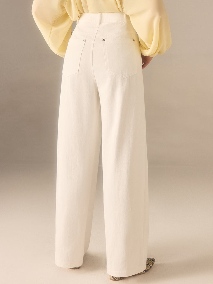 Pantalon Coupe Large en Sergé de Coton avec Bouton à Rivet Métallique