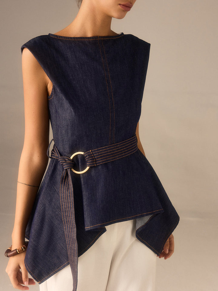 Haut péplum en jean ceinturé avec ourlet asymétrique