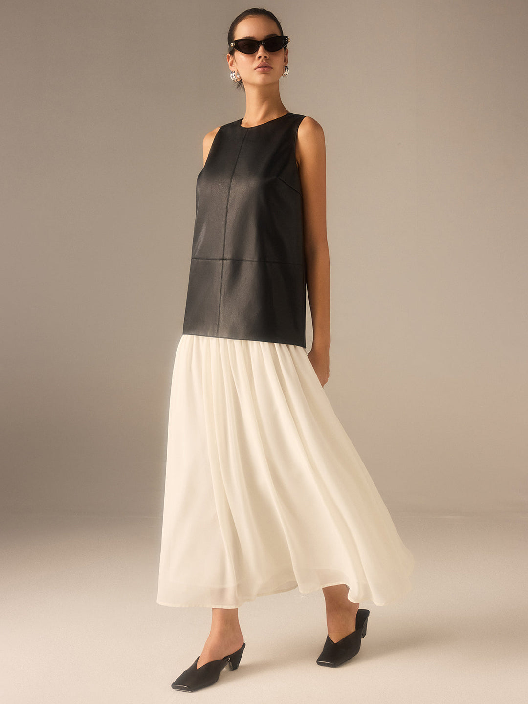 Robe Plissée en Mousseline Faux Cuir Bicolore