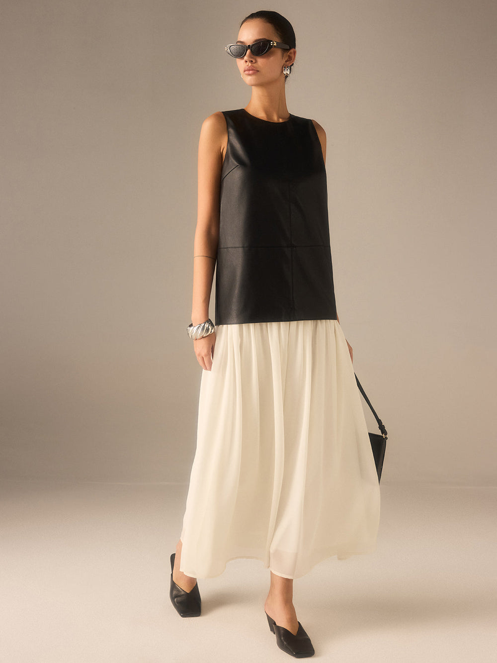 Robe Plissée en Mousseline Faux Cuir Bicolore