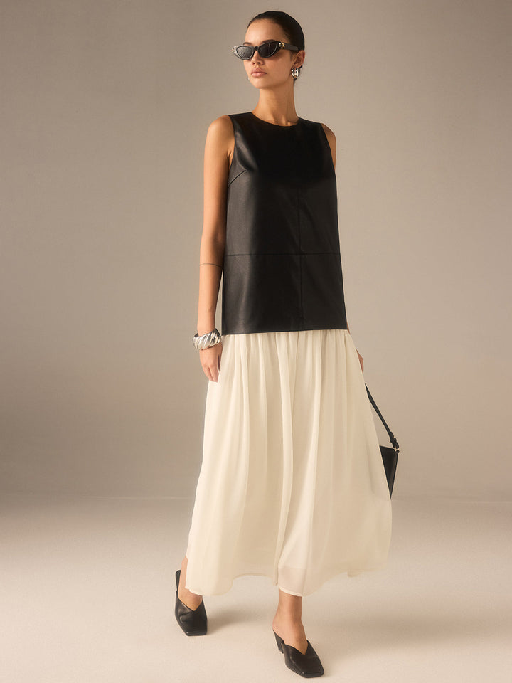 Robe Plissée en Mousseline Faux Cuir Bicolore