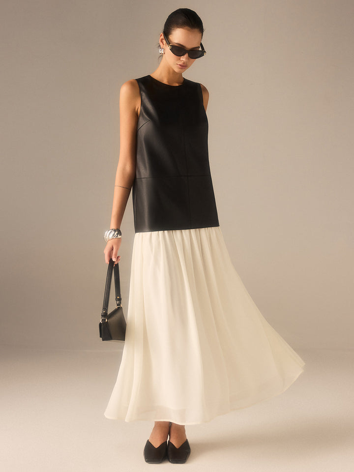 Robe Plissée en Mousseline Faux Cuir Bicolore