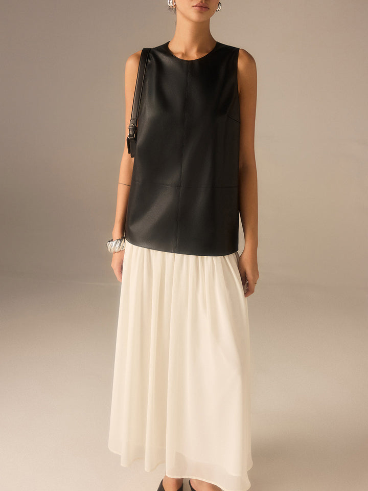 Robe Plissée en Mousseline Faux Cuir Bicolore