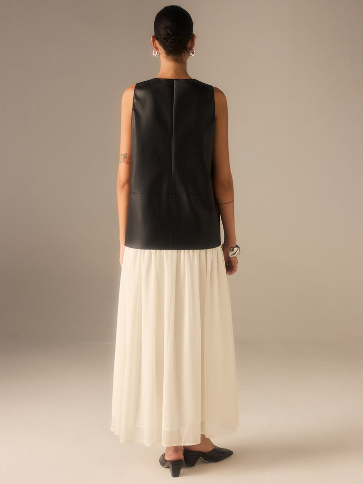 Robe Plissée en Mousseline Faux Cuir Bicolore