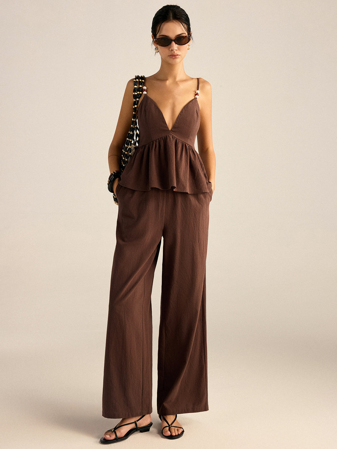 Ensemble haut et pantalon en coton avec bretelles perlées