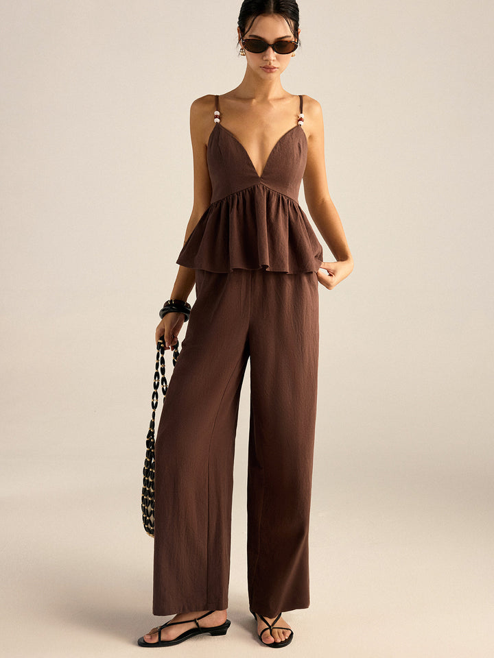Ensemble haut et pantalon en coton avec bretelles perlées