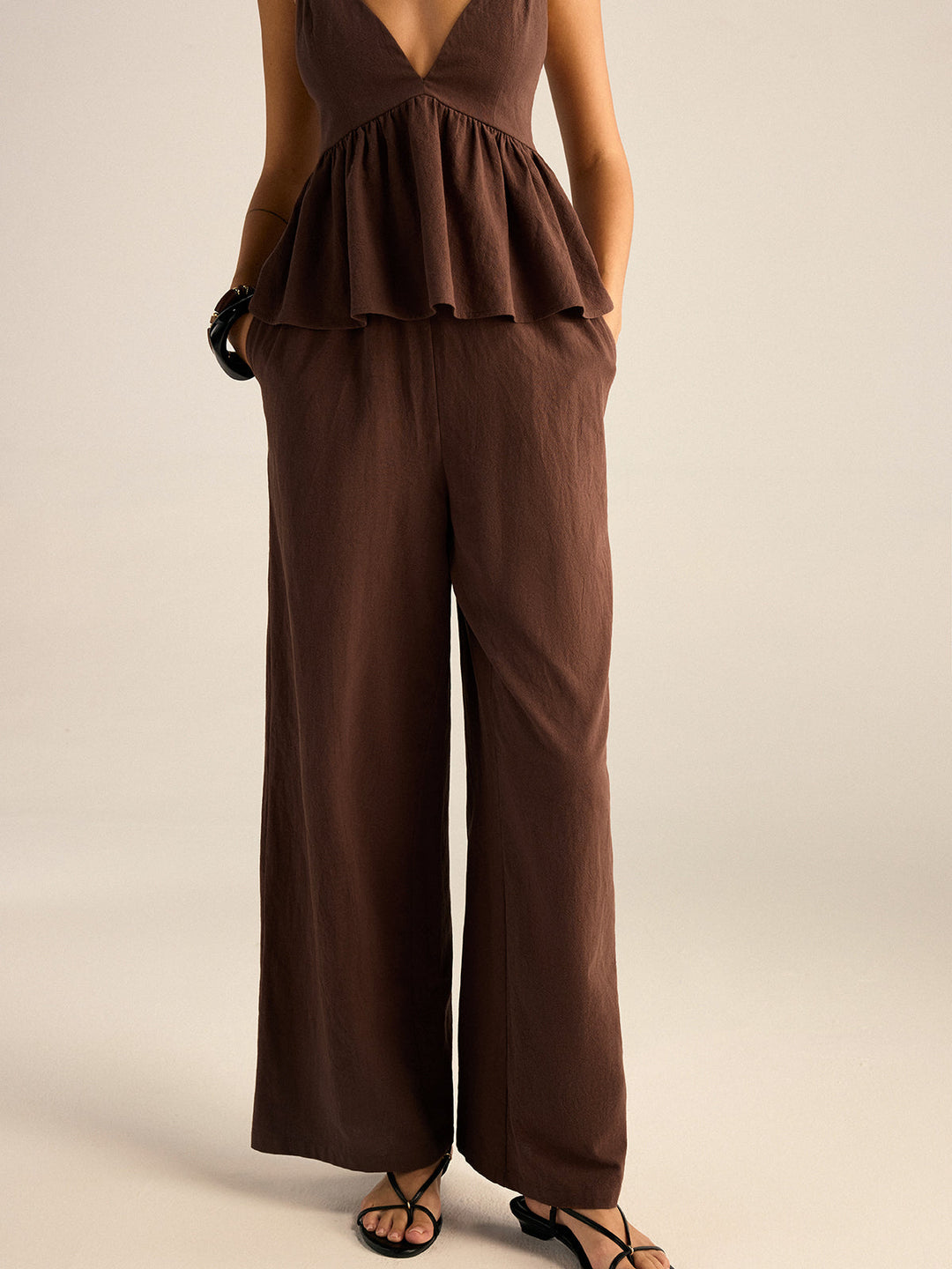 Ensemble haut et pantalon en coton avec bretelles perlées