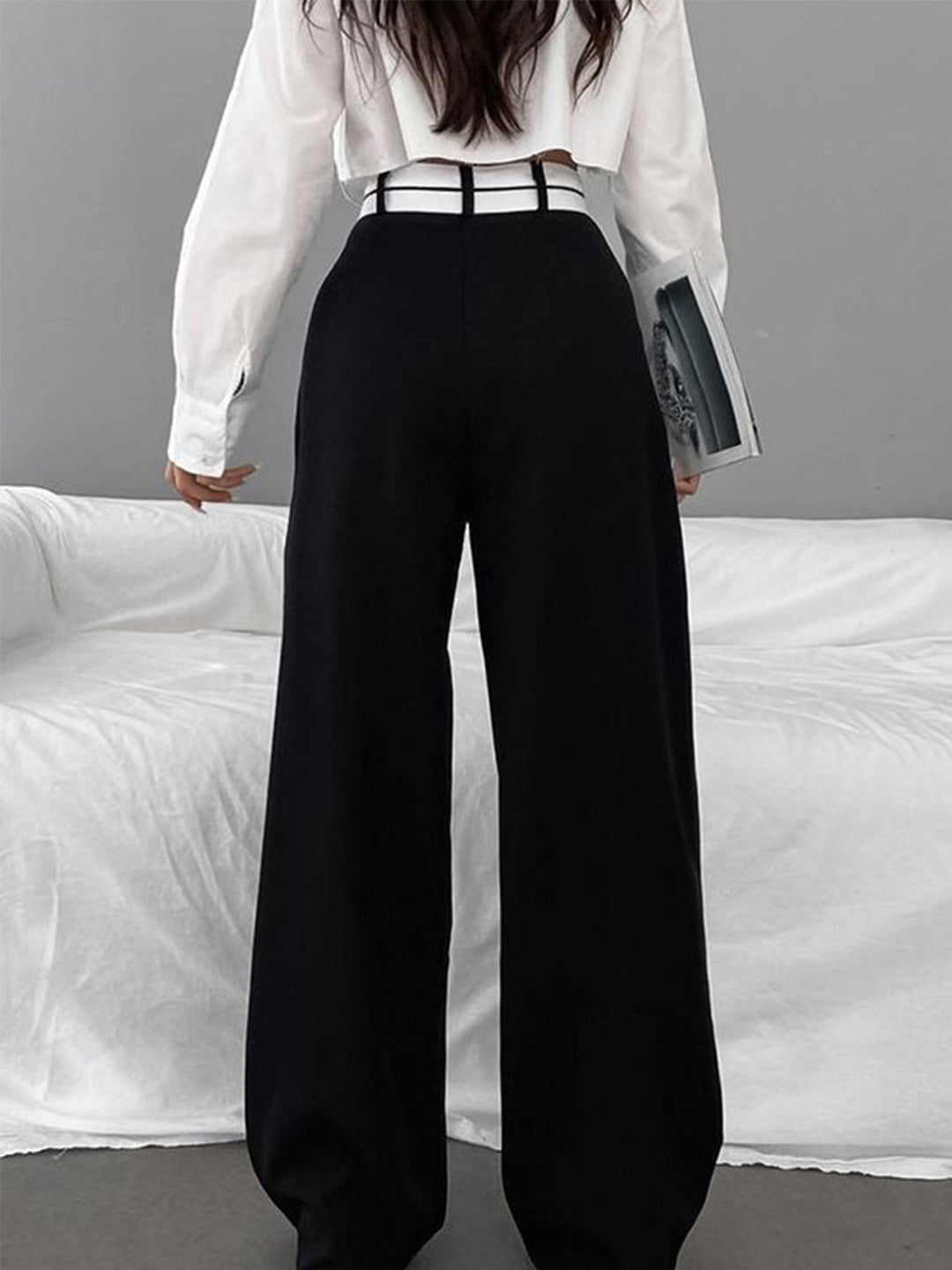 Pantalon Robe Jambe Large Ceinture Contrastée Asymétrique