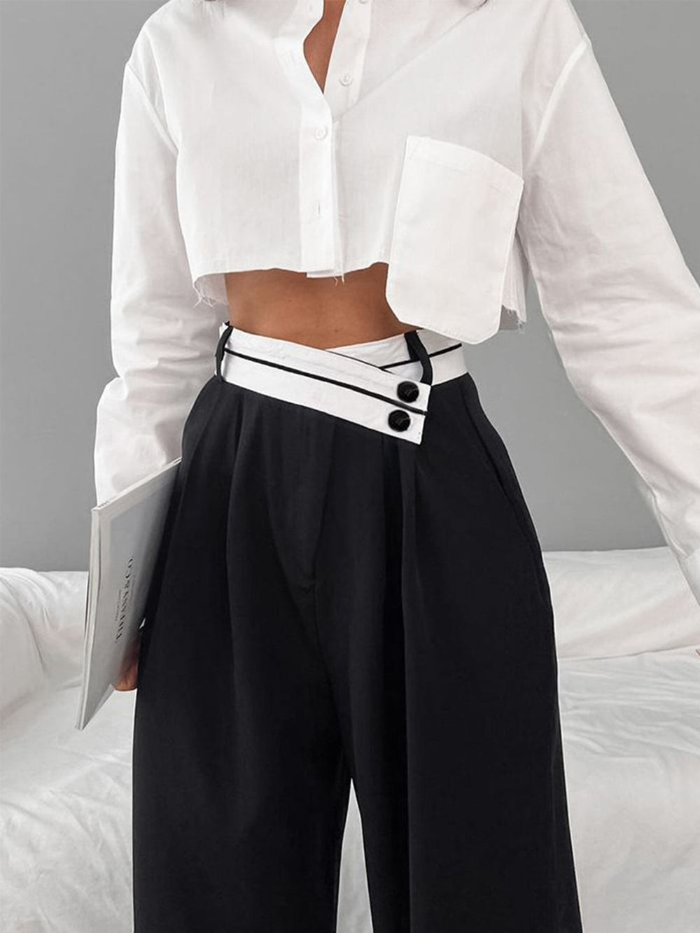 Pantalon Robe Jambe Large Ceinture Contrastée Asymétrique