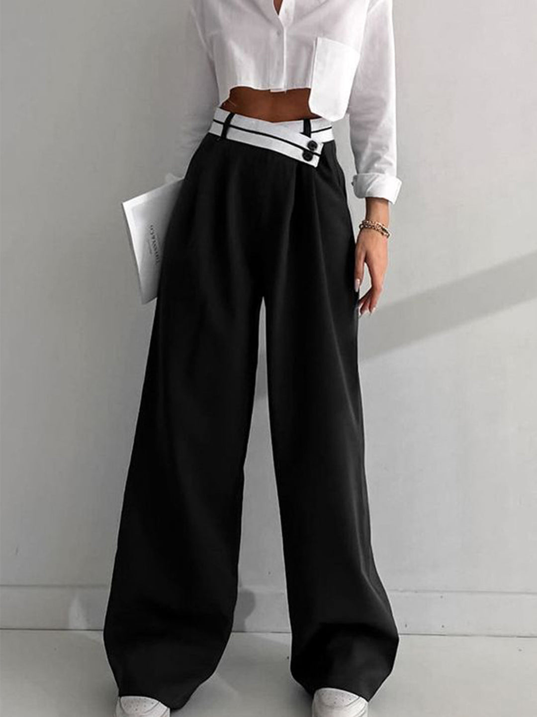 Pantalon Robe Jambe Large Ceinture Contrastée Asymétrique