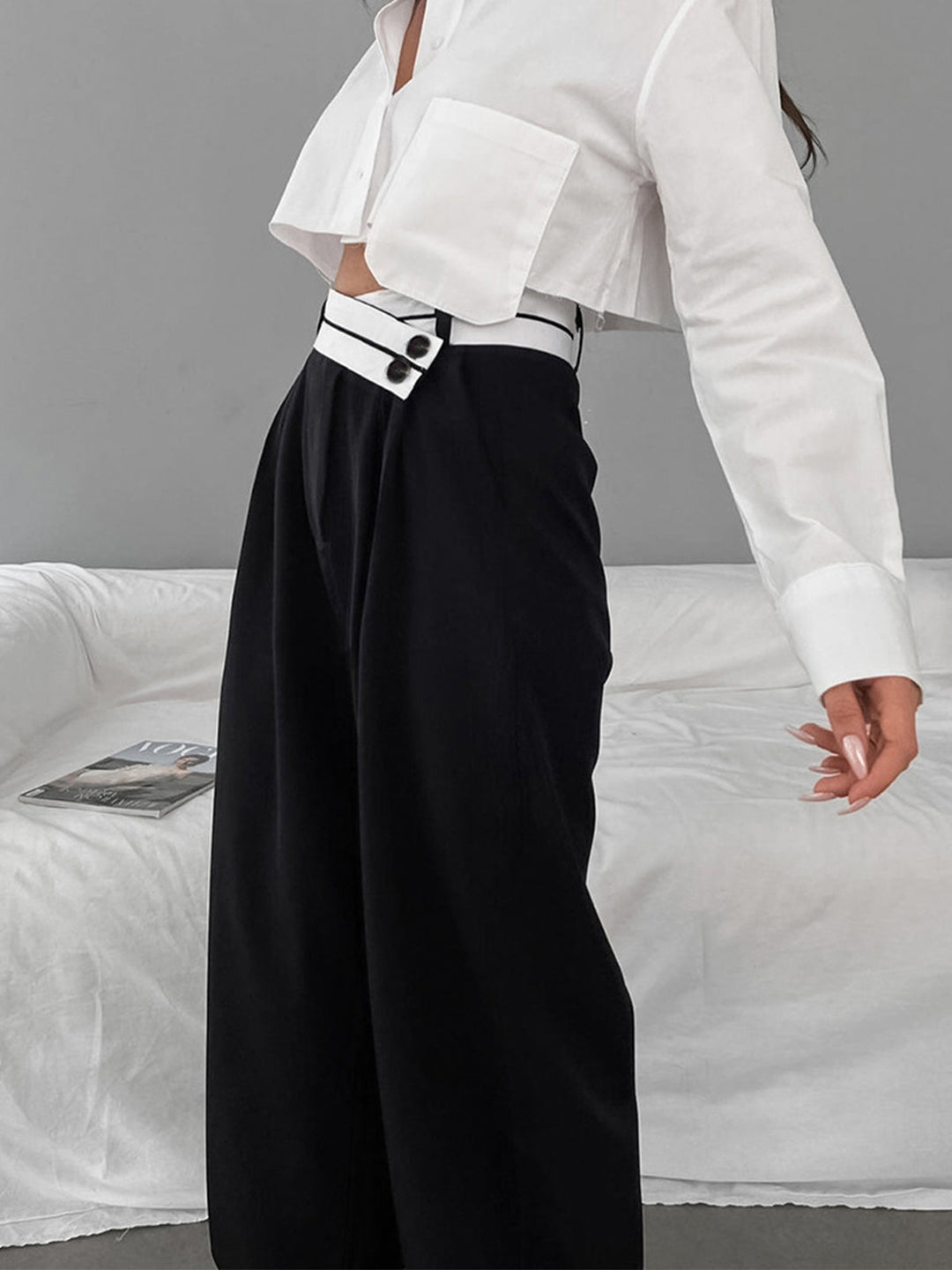 Pantalon Robe Jambe Large Ceinture Contrastée Asymétrique