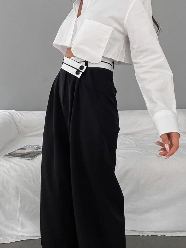 Pantalon Robe Jambe Large Ceinture Contrastée Asymétrique