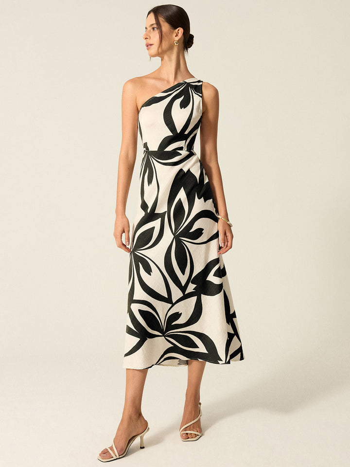 Robe Mi-longue à Épaule Unique Imprimée