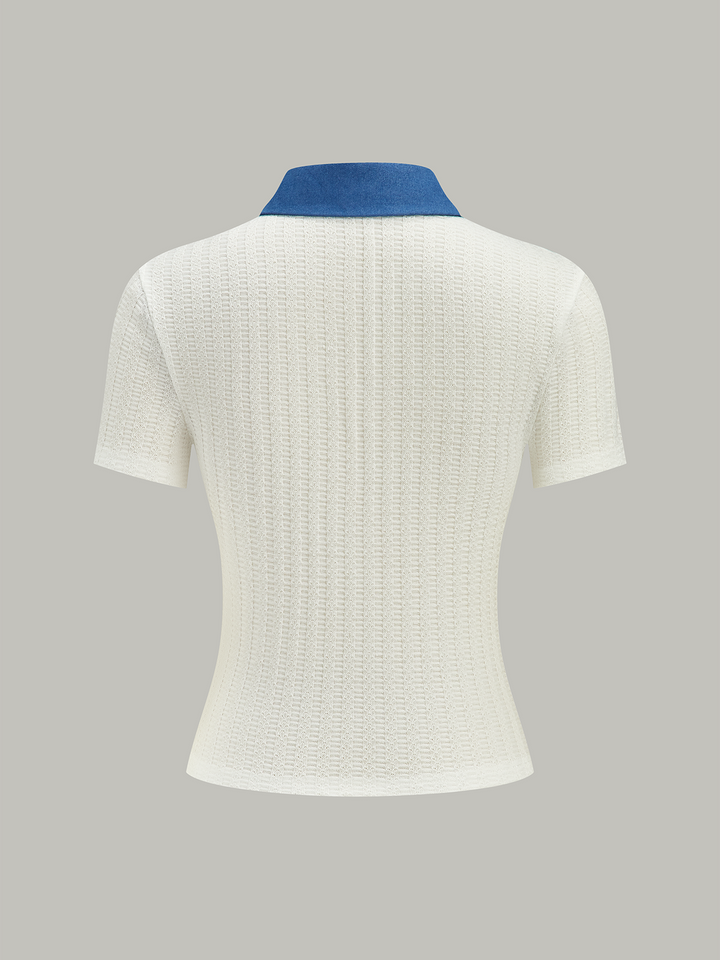 Polo Tricot à Col en Jean avec Bouton Métallique