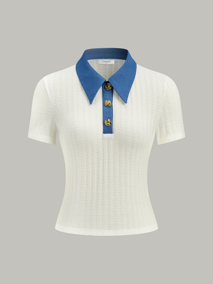 Polo Tricot à Col en Jean avec Bouton Métallique
