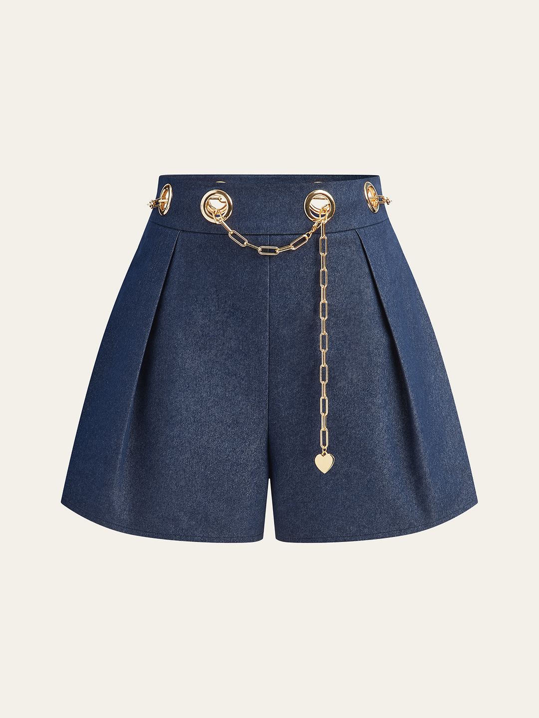 Shorts en faux denim avec ceinture en chaîne métallique