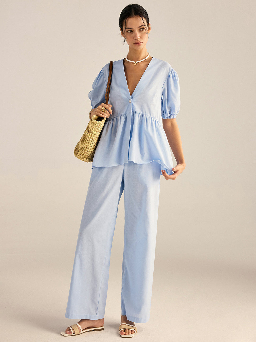 Ensemble Haut Peplum et Pantalon en Coton