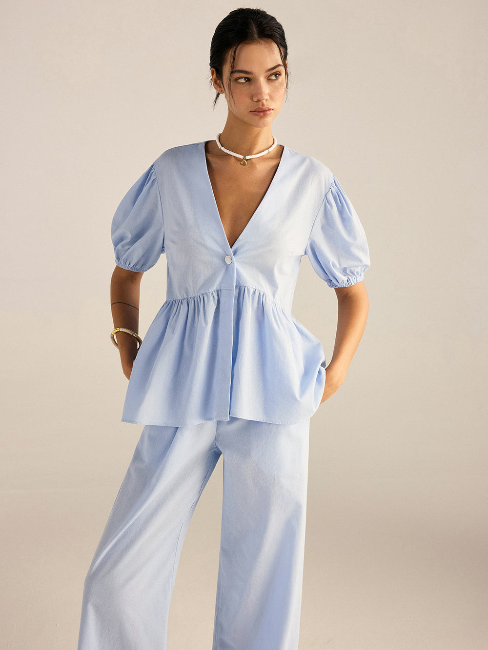 Ensemble Haut Peplum et Pantalon en Coton
