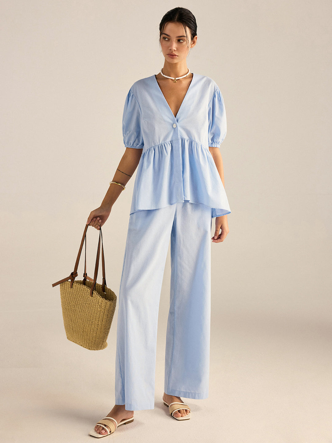 Ensemble Haut Peplum et Pantalon en Coton