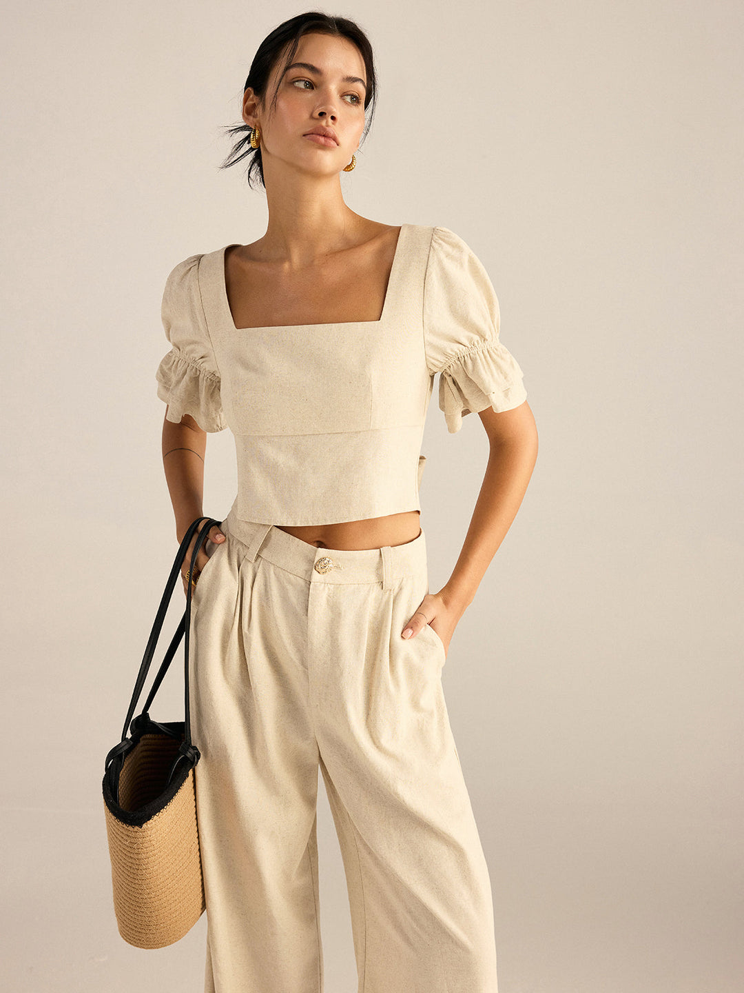 Ensemble haut et pantalon à manches bouffantes et dos à nœuds en coton et lin