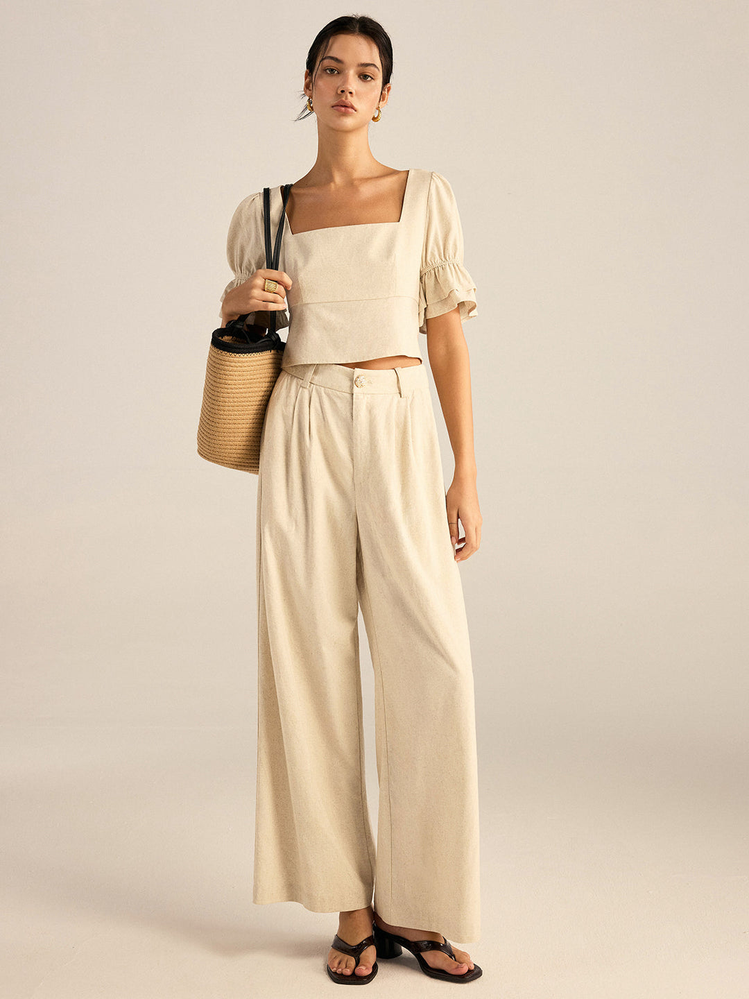 Ensemble haut et pantalon à manches bouffantes et dos à nœuds en coton et lin