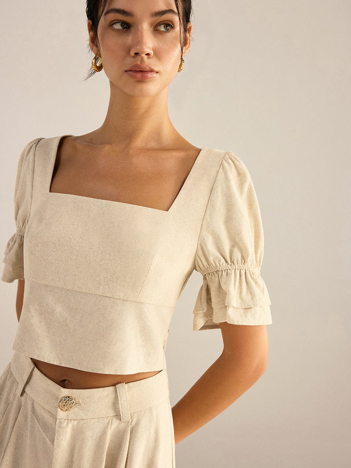 Ensemble haut et pantalon à manches bouffantes et dos à nœuds en coton et lin