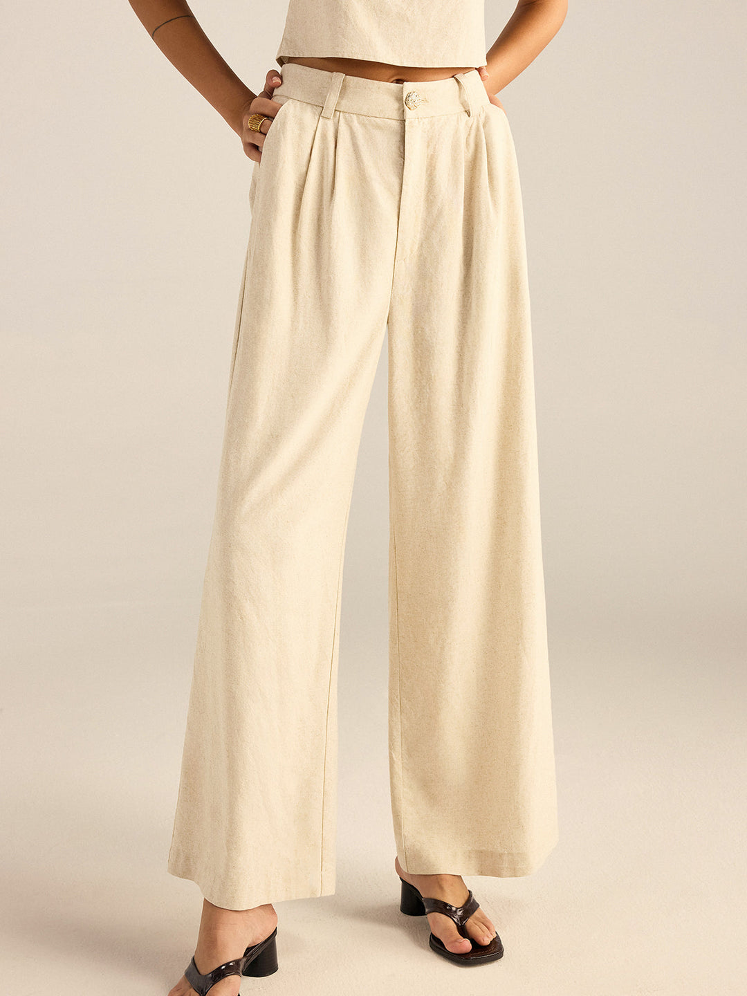 Ensemble haut et pantalon à manches bouffantes et dos à nœuds en coton et lin