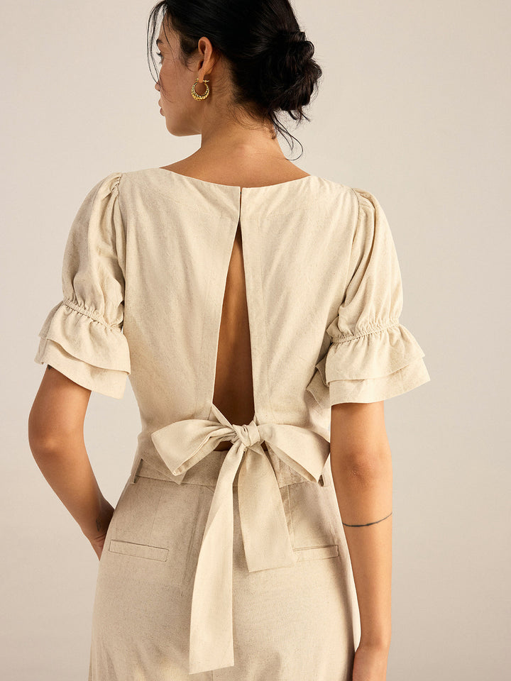 Ensemble haut et pantalon à manches bouffantes et dos à nœuds en coton et lin