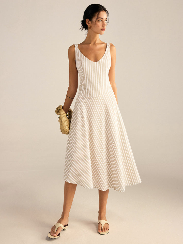 Robe Mi-longue à Ourlet Asymétrique et Rayures