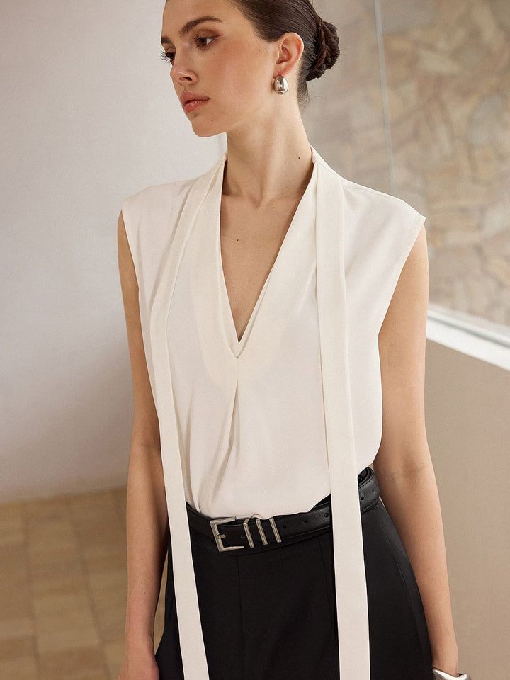 Blouse Sans Manches avec Encolure Cravate