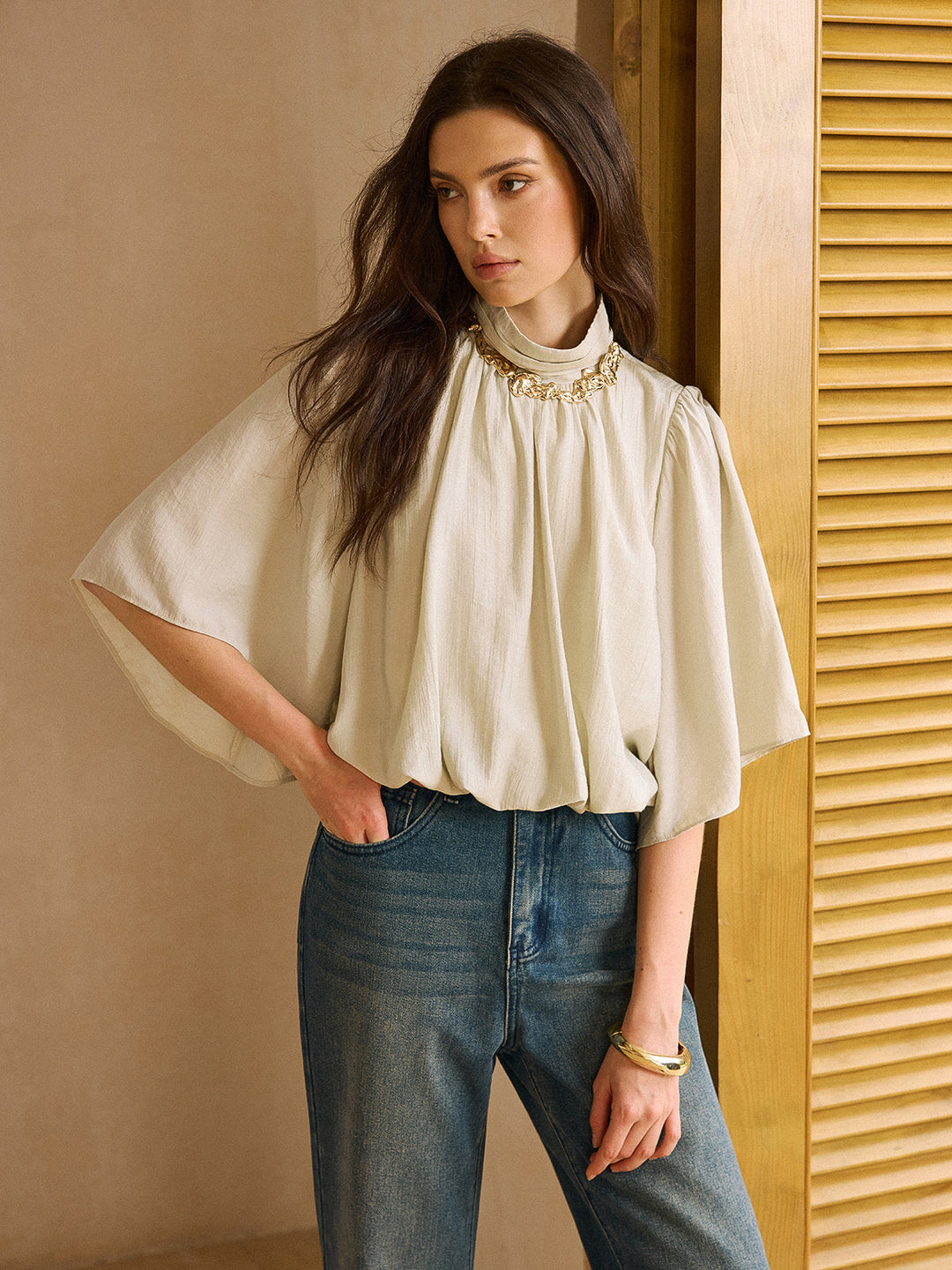 Chemise à Manches Mi-Longues à Ourlet Élastique