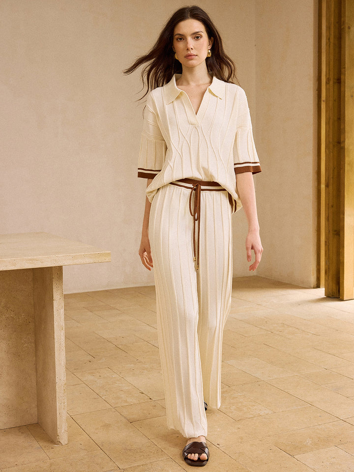 Ensemble pantalon droit à cordon de serrage et haut à col polo à garniture contrastée