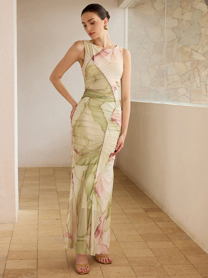Robe Longue Maille Semi-Transparente Imprimée