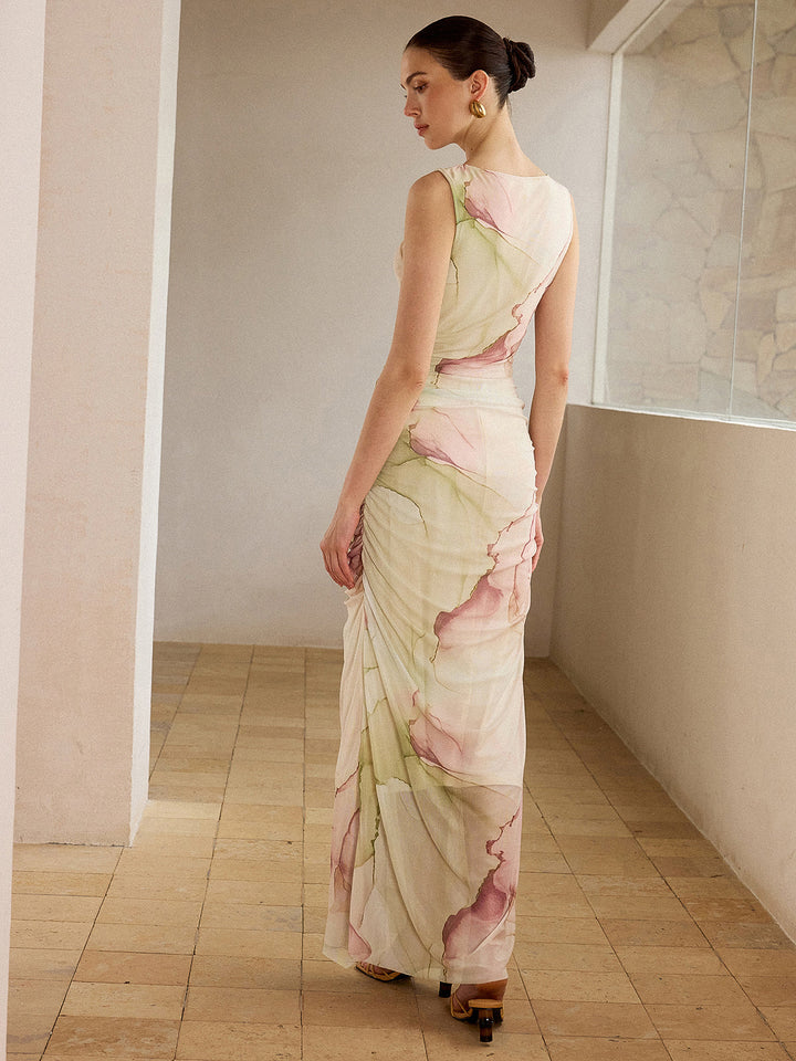 Robe Longue Maille Semi-Transparente Imprimée