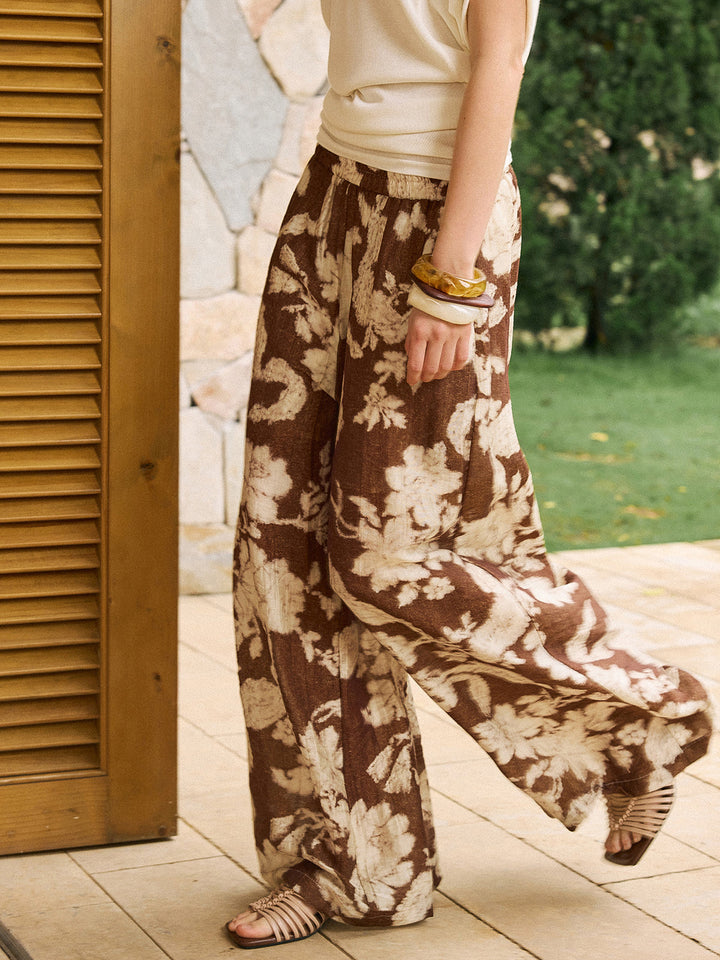 Pantalons larges vintage en lin imprimé