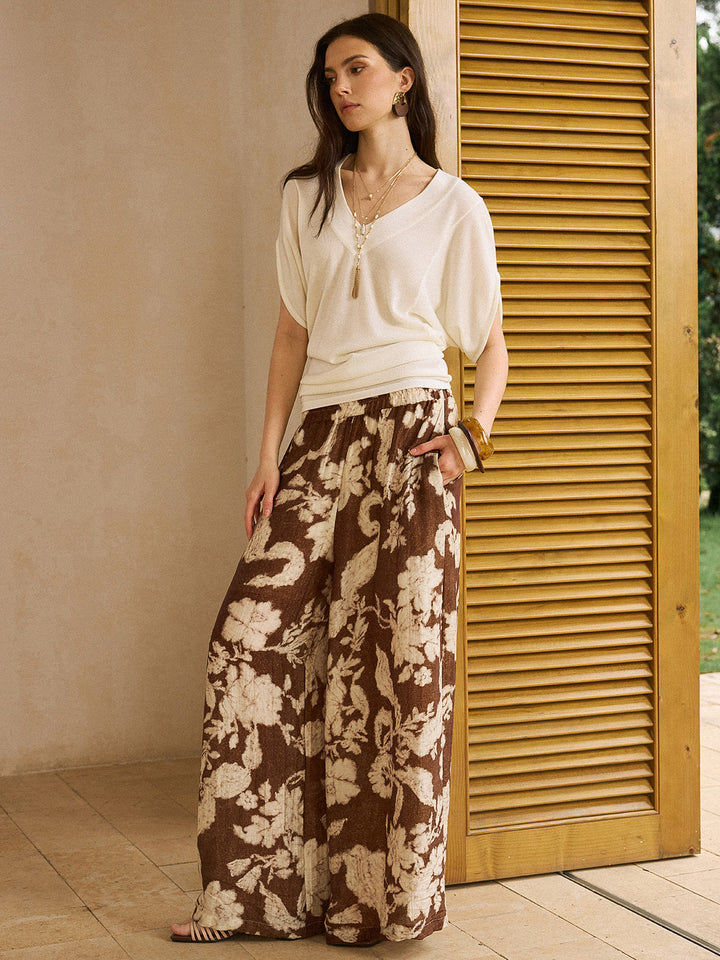 Pantalons larges vintage en lin imprimé