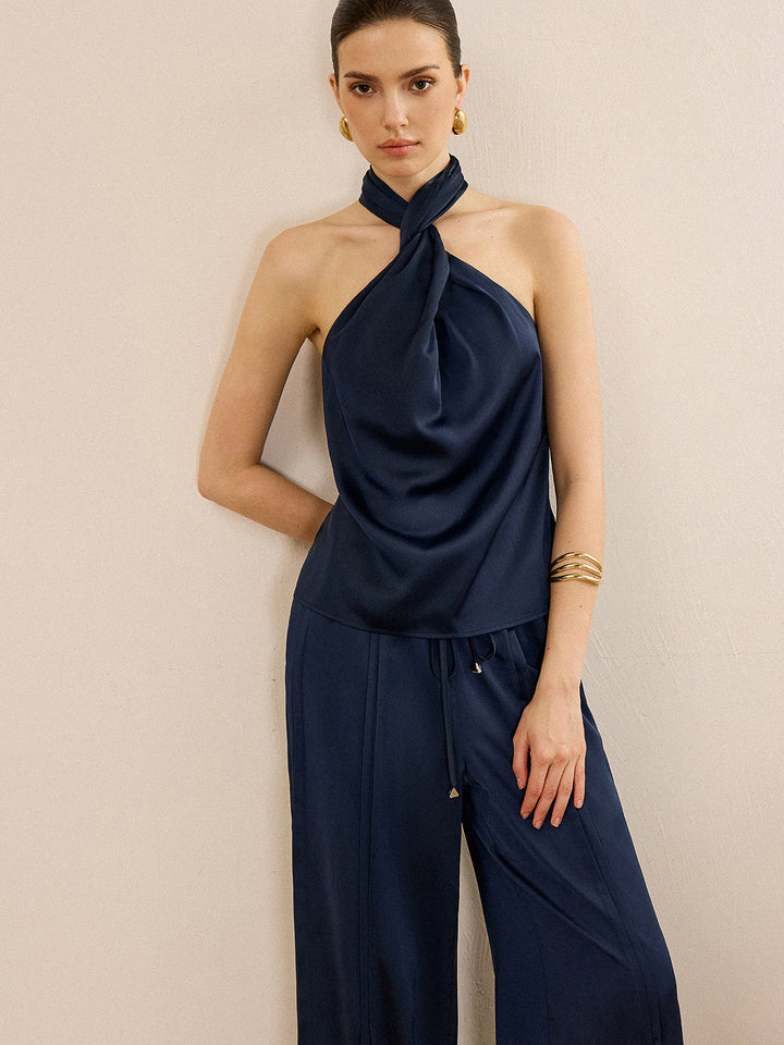 Ensemble Haut Dos Nu en Satin et Pantalon Large