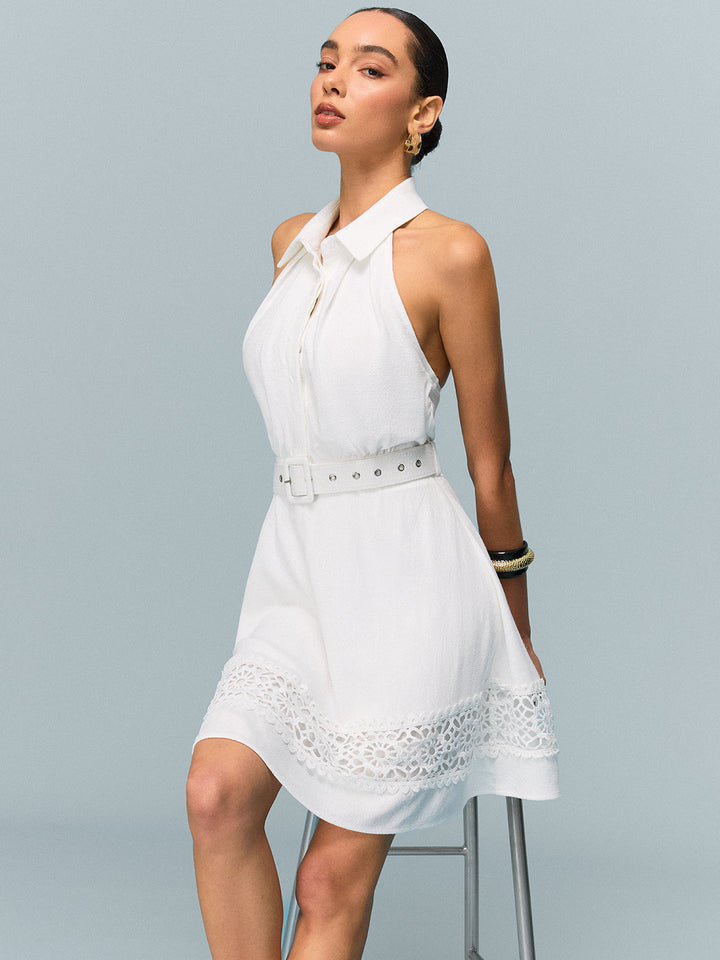 Robe Longue Ceinturée en Lin avec Bordure en Dentelle