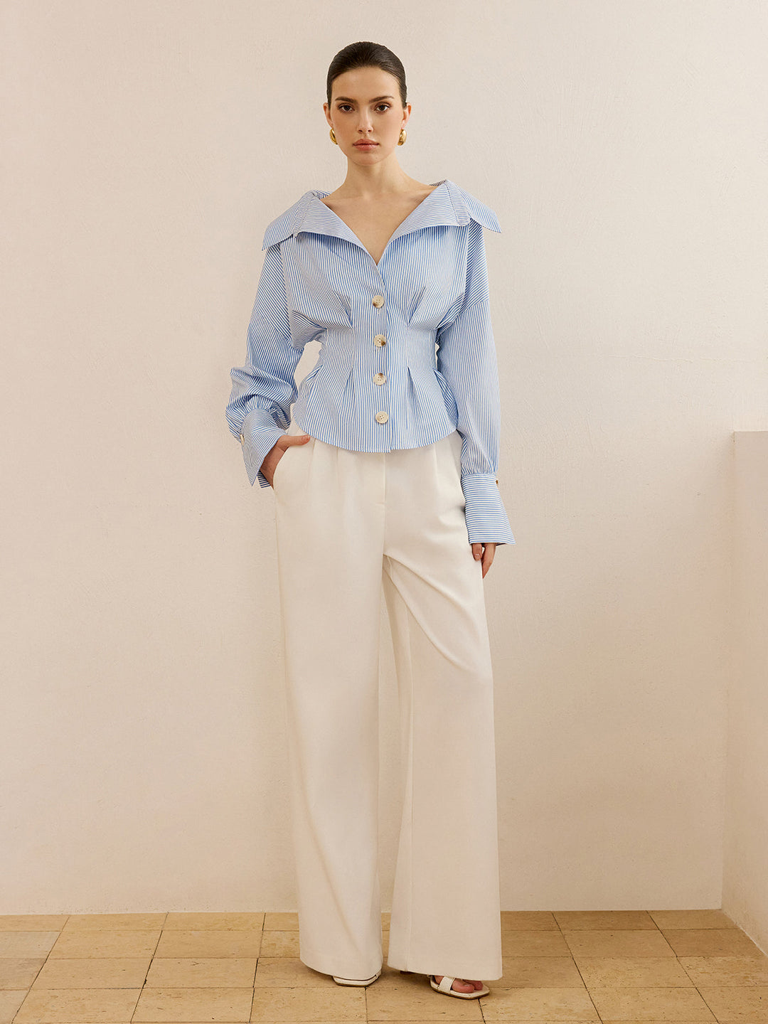 Chemise à Col Rayé avec Design à Serrage à la Taille