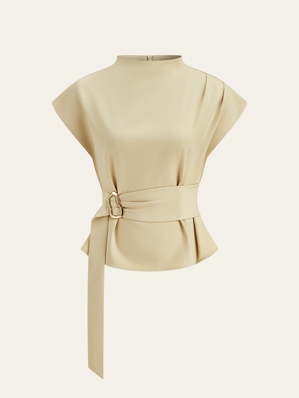 Blouse courte à manches courtes et col montant avec ceinture