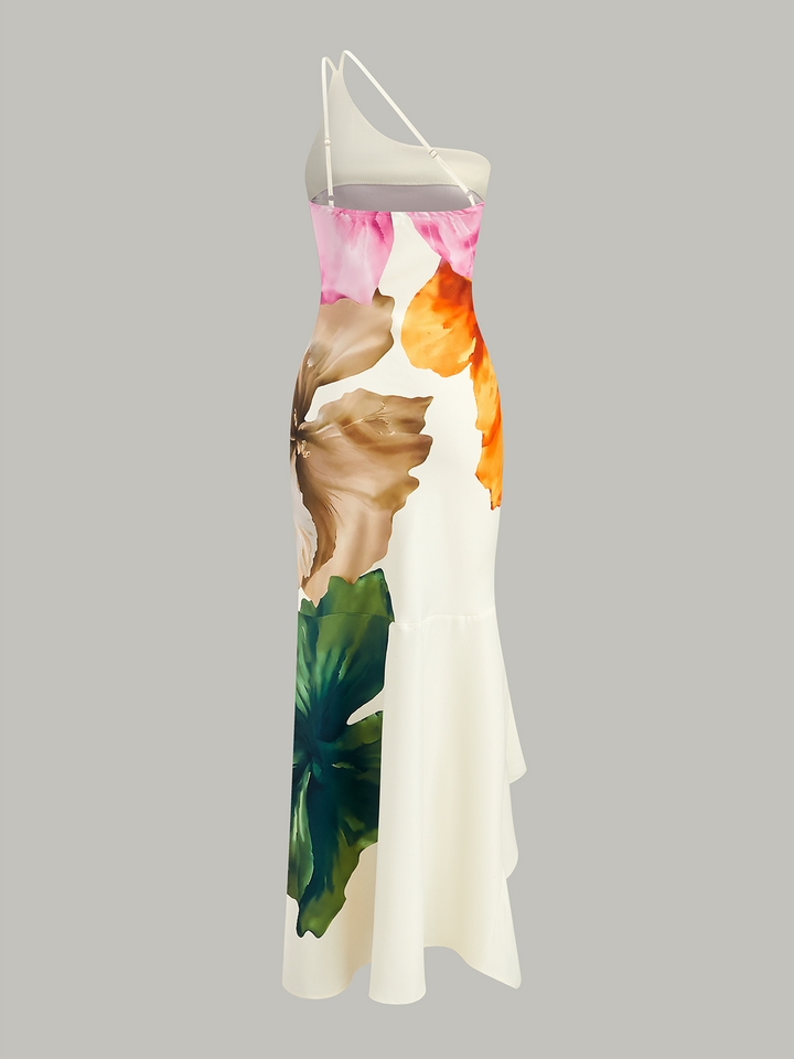 Robe Longue Asymétrique à Imprimé Floral et Une Épaule
