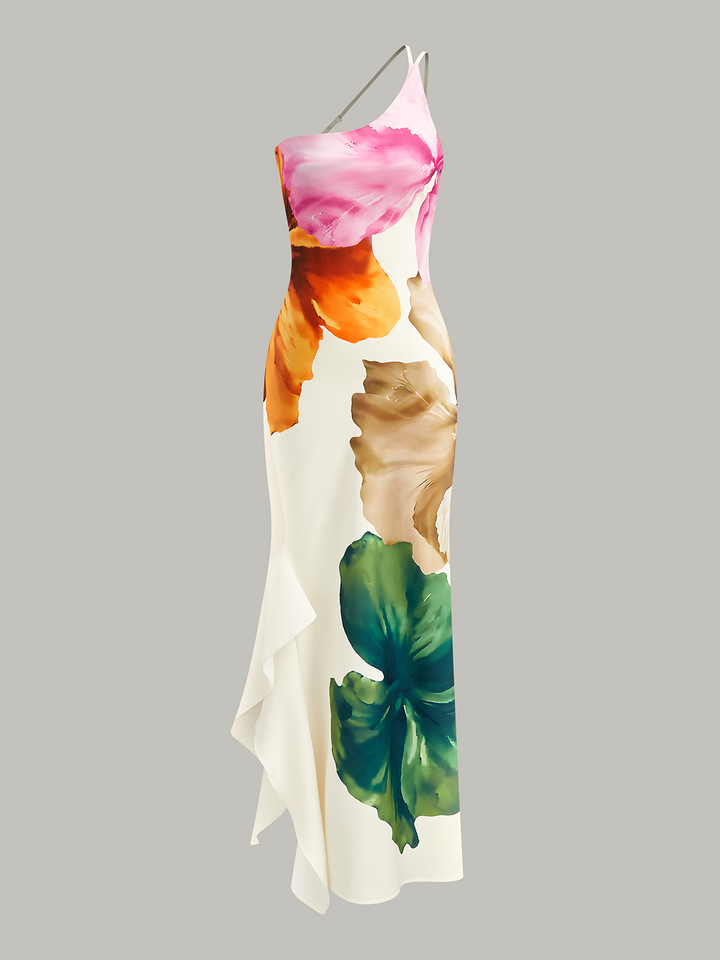 Robe Longue Asymétrique à Imprimé Floral et Une Épaule